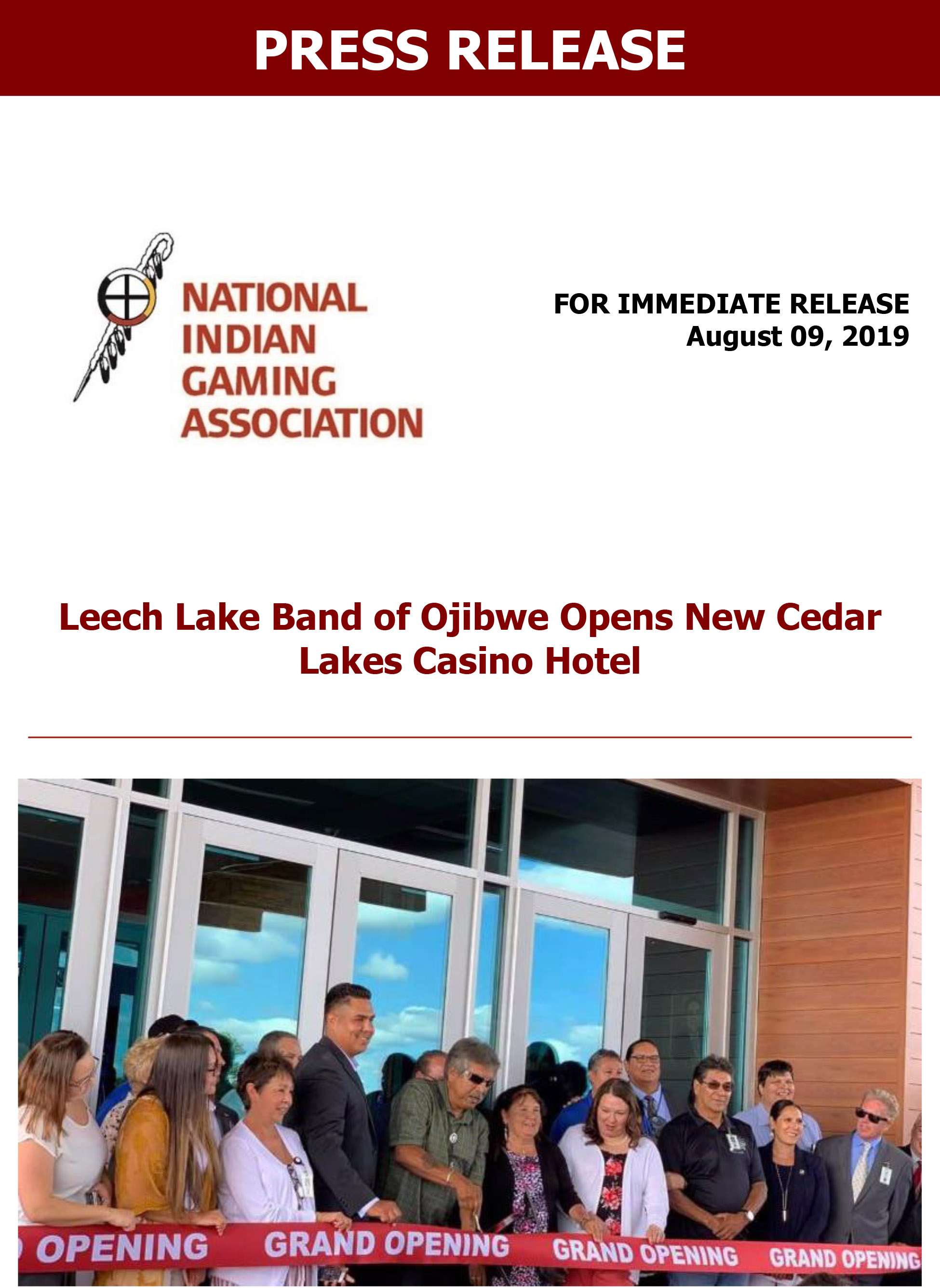 Leech Lake Band of Ojibwe Opens New Cedar Lakes Casino Hotel